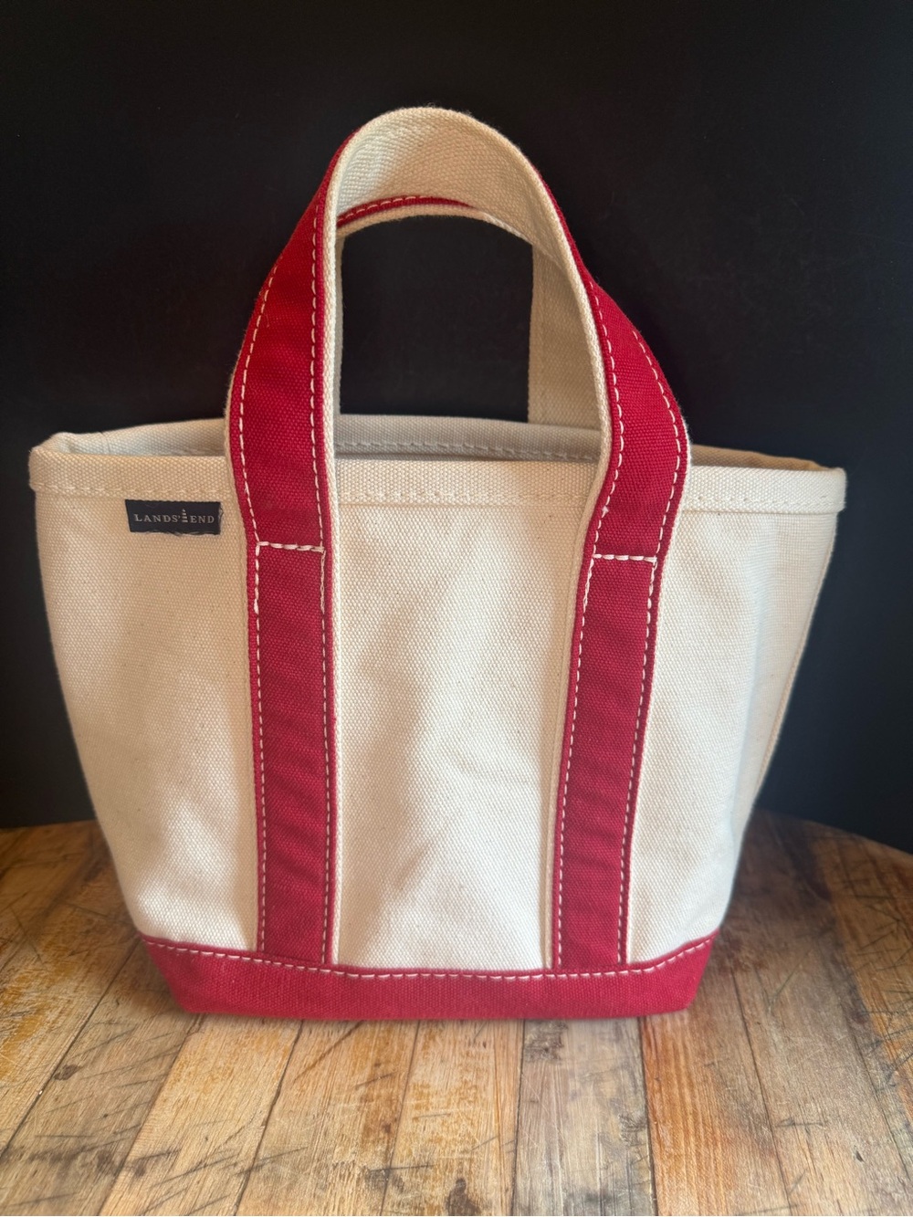 Lands' End Cream Canvas Tote with Red Trim and Handles